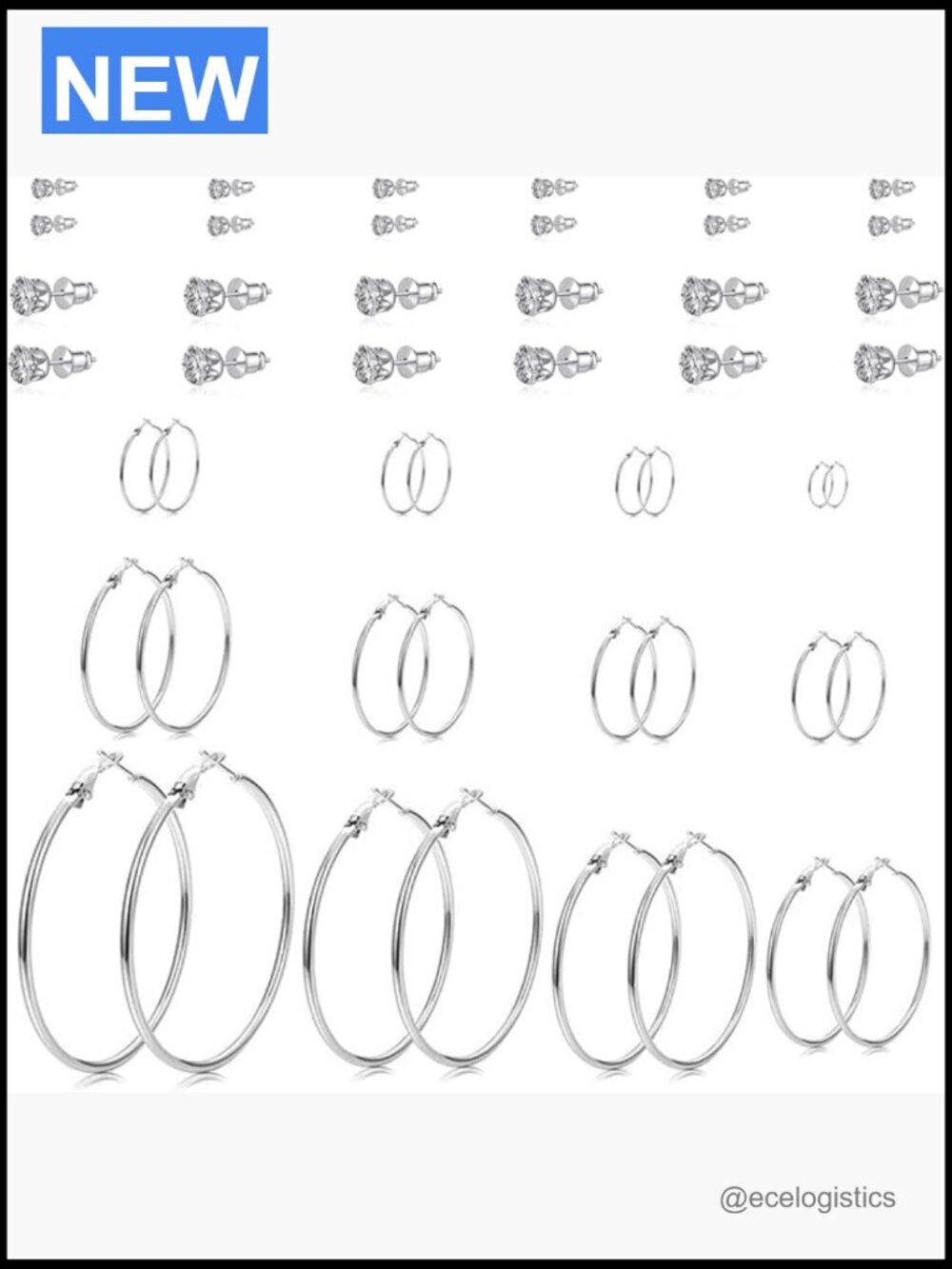 24 Pairs Silver Hoop Earrings Set Lightweight Cubic Zirconia Studs Multipack